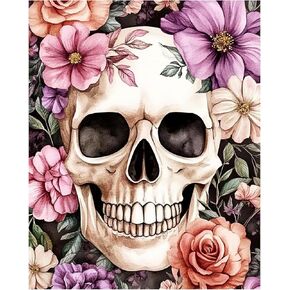 KEYIFA Paint by Numbers Kits for Adults, Skull Paint by Number, DIY Oil Digital Painting Flowers, Easy Acrylic Painting Kit Canvas, with Brushes, Art Crafts Gifts for Wall Decor 12x16 in