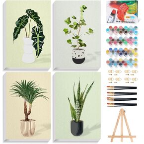 Fountor 4 Pack Framed Paint by Numbers Kit for Adults Beginners with Wooden Easel, DIY Green Plant Paint by Number Kit with Frame, Simple Plants Painting by Numbers for Home Wall Decor, 8x12 inch