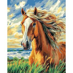 OKSGYTA Horse with a Flowing Mane Paint by Numbers Kit, Horse Paint by Number Kits for Adults, Animal Scenery DIY Oil on Canvas Paintings, Home Wall Decor on The Grass Landscape (16x20inch)