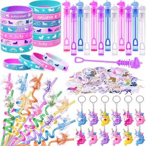 98 Unicorn Party Favors Birthday Supplies for Girls Straw Bubble Silicone Bracelet Keychain Sticker Rainbow Toy Gift Goodie Bag Stuffer Princess Party Favors for Kids 3-5 4-8