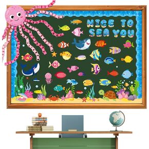 JUNEBRUSHS 104 Pcs Ocean Theme Bulletin Board Decorations, DIY Sea Animals Octopus Fish Paper Cutouts Set Under The Sea Classroom Decor for Back to School Summer Party Supplies