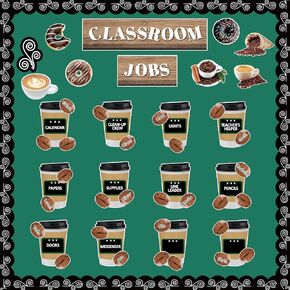 101Pcs Coffee Theme Classroom Jobs Chart Bulletin Board Set, Teacher's Helper Charts Name Plates Paper Cutouts Back to School Supplies for Preschool Kindergarten Nursery Chalkboard Door Wall Decor
