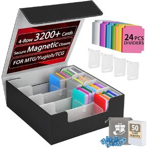3200+ Trading Card Storage Box with Dividers, Sleeves, Dice Bag & Magnetic Closure, PU Leather Deck Case – Fits Standard TCG, Sports Cards – 4 Row (Red)