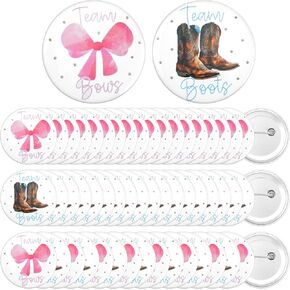 Janmercy 60 Pcs Boots or Bows Gender Reveal Pins Blue and Pink Team Boy Team Girl Button Pins for Western Cowboy or Cowgirl Baby Shower Party Favors(Boots and Bows)