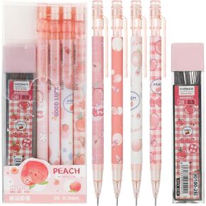 Molain 4 Pcs Kawaii Mechanical Pencil Set, Peach Mechanical Pencils with Tubes 0.5 mm Pencil Refills First Day of School Supplies Back to School Gift for Kids Student Girls Writing Drawing Sketching