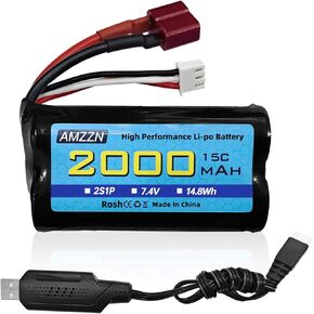 7.4V 2000mAh 15C 2S Lipo Battery with T-Plug and USB Charger for WLtoys 12423 MJX 14301 14303 14302 H16PL HP162S HM124 RC Cars 1/10,1/12,1/16 Ratio Toy Cars and Trucks (1PCS Battery+1 USB)