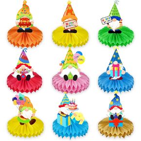 9 Pcs Gnome Birthday Party Decorations Happy Birthday Gnome Honeycomb Table Centerpiece Colorful Rainbow Gnome Decor for Baby Shower Birthday Party Backdrop Supplies