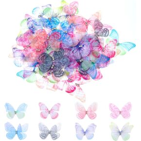 60PCS Organza Butterflies for Crafts 3D Fabric Butterflies 2 Layers Mini Butterfly Appliques Rhinestone Glitter Butterfly Embellishments Colorful Wall Decoration for DIY Wedding Party Home