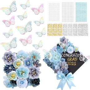 41 Pcs DIY Graduation Cap Decorations Kit with Silk Flowers, 3D Butterfly, Bow, Pearl Positioning Pin, Pearl Rhinestones Sticker, Number and Letter Stickers, Blue Cap Decor for Sublimation Grad Topper
