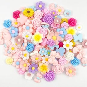 Slime Charms 100Pcs Cute Flower Charms Flatback Resin Charm for Craft Decor DIY Ornament Scrapbooking, Mixed Bulk Pink Bow Daisy Sunflower (Multi-Color Flower)