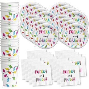 Christmas Paper Plates and Napkins - Holiday Party Supplies - Christmas Lights Tableware Set with Plates Cups and Napkins | Kit for 16