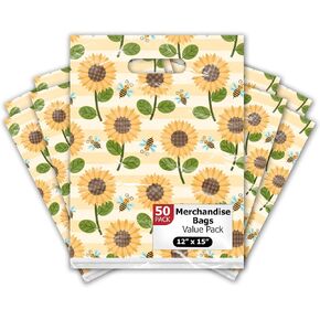 Pro Supply Global 12x15 50 Count Sunflowers & Bees Designer Retail Boutique Merchandise Bags with Die Cut Handles Premium Printed Shopping Bags For Small Business Shop Owners