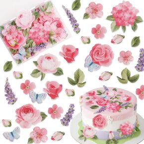 Morofme 100pcs Edible Flower Cupcake Toppers Edible Pink Flowers Cake Topper Butterfly Cupcake Toppers Wafar Paper Leaves Purple Flower Cake Decorations for Wedding Baby Shower Birthday Party Supplies