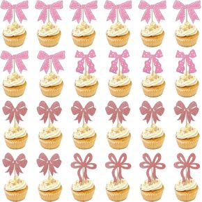 24 Pcs Pink Bow Cupcake Toppers Bowknot Cupcake Decorations Bow Themed Party Decorations Birthday Party Decorations for Bridal Baby Shower Girls Birthday Wedding Party Cake Decorations
