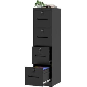 File Cabinet 4 Drawer with Lock, Vertical Filing Cabinets for Home Office, Metal Steel Storage Cabinet for Letter/Legal Size File, Assembly Required(Black)