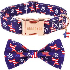 ADOGGYGO American Flag Dog Collar with Bow, Detachable Red Blue Star Pet Bowtie, Metal Buckle, Adjustable Patriotic 4th of July Collars for Medium Dogs Boy Girl (Medium)