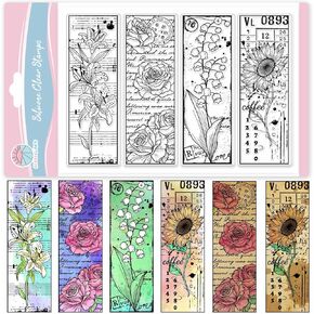 GLOBLELAND Vintage Flower Bookmark Clear Stamps for Scrapbooking Lily Rose Sunflower Bookmark Silicone Stamps Lily of The Valley Transparent Stamp for Card Making DIY Embossing Journaling