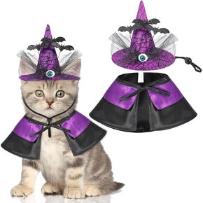 Halloween Pet Wizard Costume, Witch Cloak & Hat Set for Cats and Small Dog, Pet Cosplay Halloween Party Decoration(S)