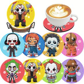 8 PCS Halloween Diamond Art Coasters Kit-orror Diamond Painting Coasters مجموعات مع حامل للمبتدئين ، مجموعات الحرف اليدوية لـ DIY Coaster للبالغين كمشجعين للمنزل الهدايا