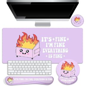 Kingdder 4 Pcs Dumpster Mouse Pad Kit Mouse Wrist Rest, Purple Funny Cute Fire Large Desk Mat, Keyboard Wrist Rest, Coaster, Ergonomic Desk Mat Gaming Work Home Office Accessories Supplies Decor
