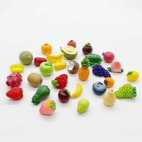 30Pcs Mini Resin Fruit, Artificial Fake Fruit, Fake Strawberry Banana Pineapple Lemon Peach Fruit Decorations for Mini House Kitchen Fairy Garden Cake Party Decor