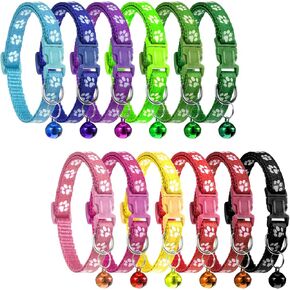 12 Packs Puppy Collars for Litter, Adjustable Small Dog ID Collar with Bell and Buckle Soft Pet Safe Collar Walking Training Set for Litter, Medium Dogs, Cats (Multicolor, Paws Pattern)
