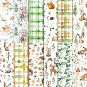 24-Pack Woodland Pattern Scrapbook Paper - Double-Sided Animal & Leaves Decorative Craft Paper for DIY Cards, Scrapbooking, Photo Albums (11.8x11.8 Inch)