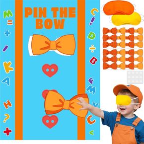 AFZMON English Teacher Birthday Party Decorations Pin The Bow Party Games, Orange Blue Poster with 24 Reusable Bow Stickers for Toddler Baby Shower Party Wall Decorations Supplies- 19.5Inch x27.5Inch