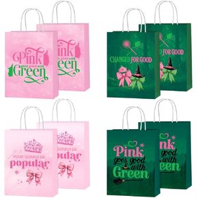 SNABETNA Pink and Green Birthday Party Decorations,16pcs Double Side Paper Candy Bags with Handle,Pink and Green Witch Theme Goodie Bags for Party Supplies