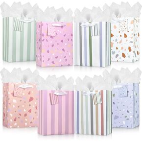 MUMULULU 8 PCS Beautiful Gift Bags Set 9" Bags with Handles Includes Matching Tissue Paper Cards Stickers Reusable for Birthdays Weddings Mother’s Day