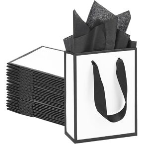 QIELSER Black and White Gift Bags with Handles 4.7x2.3x6.3 Inches Small Gift Bags with Tissue Paper Gift Wrap Bags for Party Favors, Birthday Gifts, Weddings, Baby Showers, Goodie Bags (10)