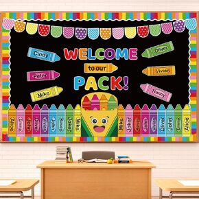 81Pcs Crayon Welcome Back to School Bulletin Board Decorations Set, Colorful Crayon Paper Cutouts Name Tags with Border Trims Home Office School Classroom Decorations for Window Wall Door Chalkboard