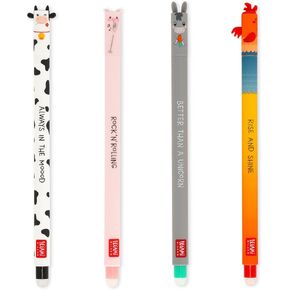 Legami Set of 4 Farm Sweet Farm Erasable Gel Pens, Pens with Erasable Thermosensitive Ink, Black, Pink, Green, Red, Erase Without Using Up the Paper, 0.7 mm Tip