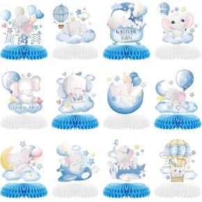 12 Pcs Blue Elephant Honeycomb Centerpieces Moon Star Balloons Elephant Theme Party Topper It’s A Boy 3D Baby Shower Honeycomb Table Decorations for Birtaday Wedding Shower Party Supplies