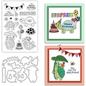 BENECREAT 2Pcs Birthday Turtles Cutting Dies and Stamp Sets, Turtles Balloons Birthday Cakes Metal Cutting Stencils Clear Stamp for Card Making DIY Scrapbooking