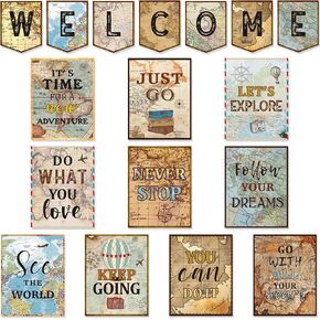 Pasimy 17 Pcs Travel the Map Theme Bulletin Board Posters Welcome Classroom Decorations Adventure Inspirational Posters World Map Motivational Cutouts for Students Teachers Office Supplies