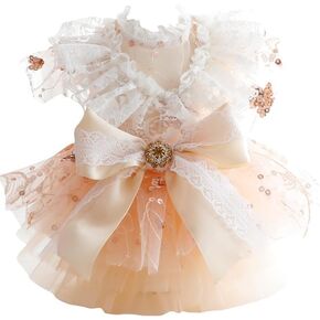 Dog Lace Sequin Princess Wedding Dresses for Small Dogs Rose Gold Lolita Clothes Pet Girl Cute Summer Cat Coat Costume (Gold,Large)