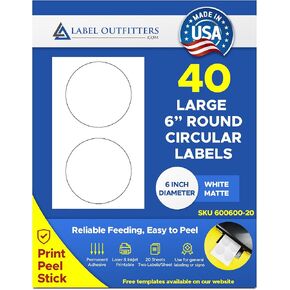 Large 6" Printable Round Circular White Labels by Label Outfitters 6" Diameter on Legal Sheet - 20 Sheets - 40 Labels
