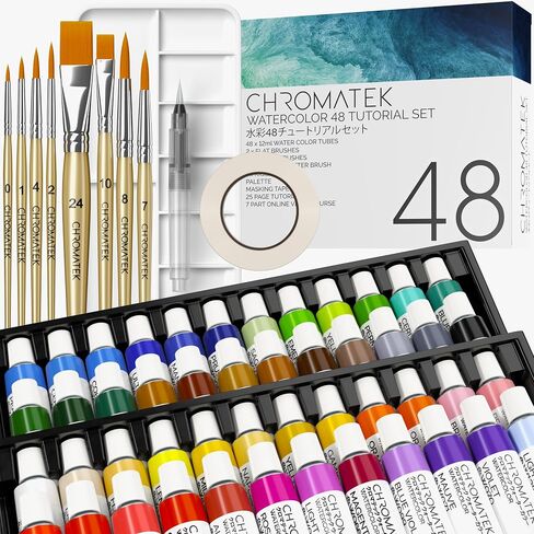 CHROMATEK Watercolor Paint Set, 84 Piece Kit, Video Tutorial Course, 48 Tubes, from Beginner to Intermediate & Professional Artists, Paper, 8 Brushes, Palette, Aquapen, Masking Tape, 12ml Tubes in Saudi Arabia