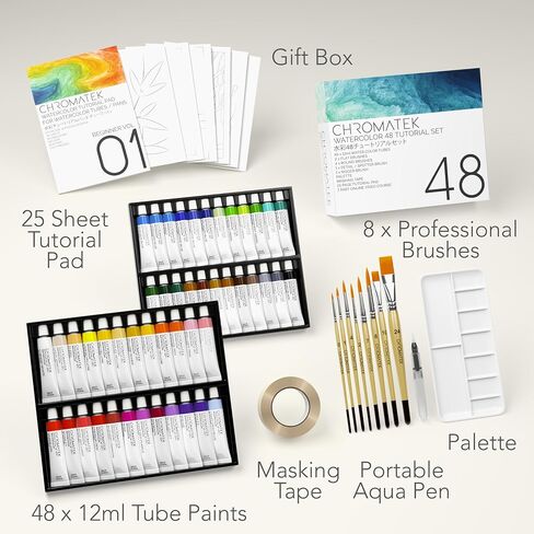 CHROMATEK Watercolor Paint Set, 84 Piece Kit, Video Tutorial Course, 48 Tubes, from Beginner to Intermediate & Professional Artists, Paper, 8 Brushes, Palette, Aquapen, Masking Tape, 12ml Tubes in Saudi Arabia