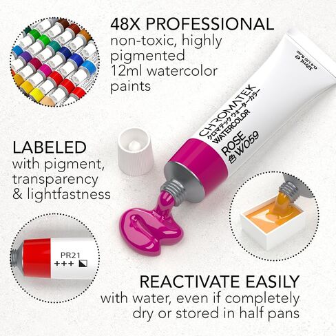 CHROMATEK Watercolor Paint Set, 84 Piece Kit, Video Tutorial Course, 48 Tubes, from Beginner to Intermediate & Professional Artists, Paper, 8 Brushes, Palette, Aquapen, Masking Tape, 12ml Tubes in Saudi Arabia