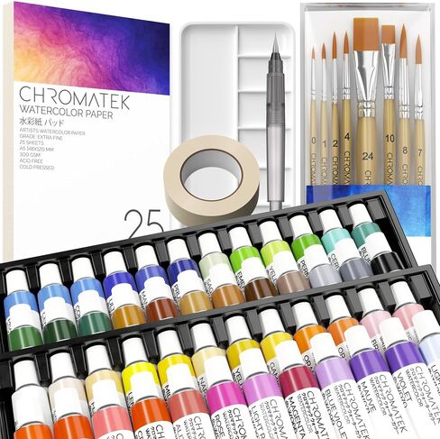 CHROMATEK Watercolor Paint Set, 84 Piece Kit, Video Tutorial Course, 48 Tubes, from Beginner to Intermediate & Professional Artists, Paper, 8 Brushes, Palette, Aquapen, Masking Tape, 12ml Tubes in Saudi Arabia