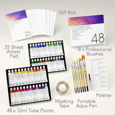 CHROMATEK Watercolor Paint Set, 84 Piece Kit, Video Tutorial Course, 48 Tubes, from Beginner to Intermediate & Professional Artists, Paper, 8 Brushes, Palette, Aquapen, Masking Tape, 12ml Tubes in Saudi Arabia
