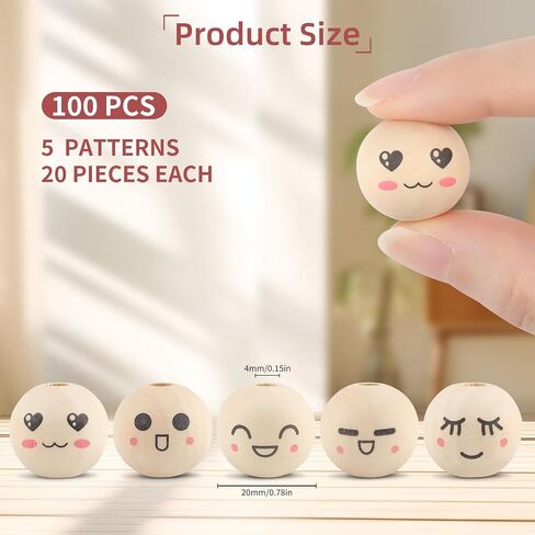 100pcs حبات خشبية للحرف اليدوية ، والخرز الخشبي ابتسامة 20 ملم مع ثقوب ، والخرز الخشب الدائري الطبيعية لحرف DIY ، وصنع المجوهرات ، وزينة الملاك (النمط 2) in Saudi Arabia