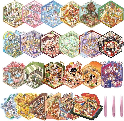 24 Sets DIY 3D Stickers Scene for Adults Girls Kids, 3D House Sticker Therapy Cute Cartoon Animal Scenes Sticker,Make Your Own Mini Room Scenes Relief Stress Pass The Time (A1-24sets) in Kuwait