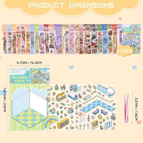 24 Sets DIY 3D Stickers Scene for Adults Girls Kids, 3D House Sticker Therapy Cute Cartoon Animal Scenes Sticker,Make Your Own Mini Room Scenes Relief Stress Pass The Time (A1-24sets) in Kuwait