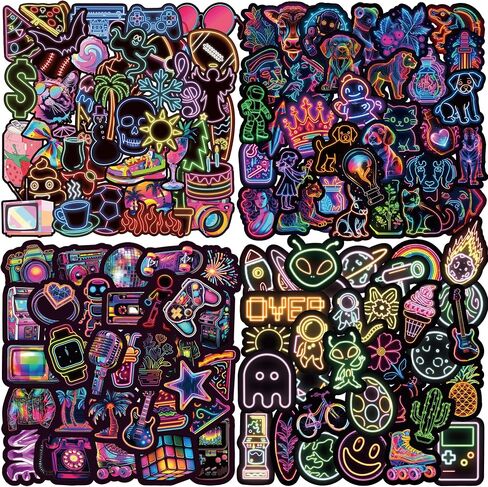 200-Pack Neon Aesthetic Waterproof Stickers – Vinyl PVC Decals for Laptops, Water Bottles, Skateboards, Notebooks, Helmets and More – Retro Y2K/Vaporwave Designs in Saudi Arabia