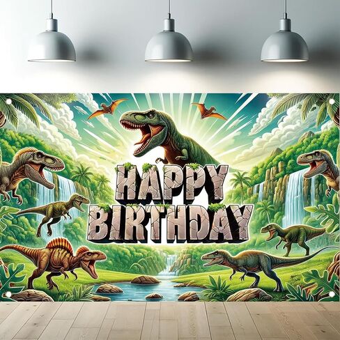 Dinosaur Happy Birthday Banner Backdrop Jurassic Jungle Party Decorations Realistic T-Rex Waterfalls Prehistoric Scene Props Decorations Photography Background 70.8 x 43.3 Inch in Kuwait