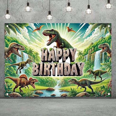 Dinosaur Happy Birthday Banner Backdrop Jurassic Jungle Party Decorations Realistic T-Rex Waterfalls Prehistoric Scene Props Decorations Photography Background 70.8 x 43.3 Inch in Kuwait