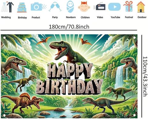 Dinosaur Happy Birthday Banner Backdrop Jurassic Jungle Party Decorations Realistic T-Rex Waterfalls Prehistoric Scene Props Decorations Photography Background 70.8 x 43.3 Inch in Kuwait